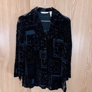 French Laundry Black Midnight Velvet Silk Sheer Floral Design Button Down Blouse